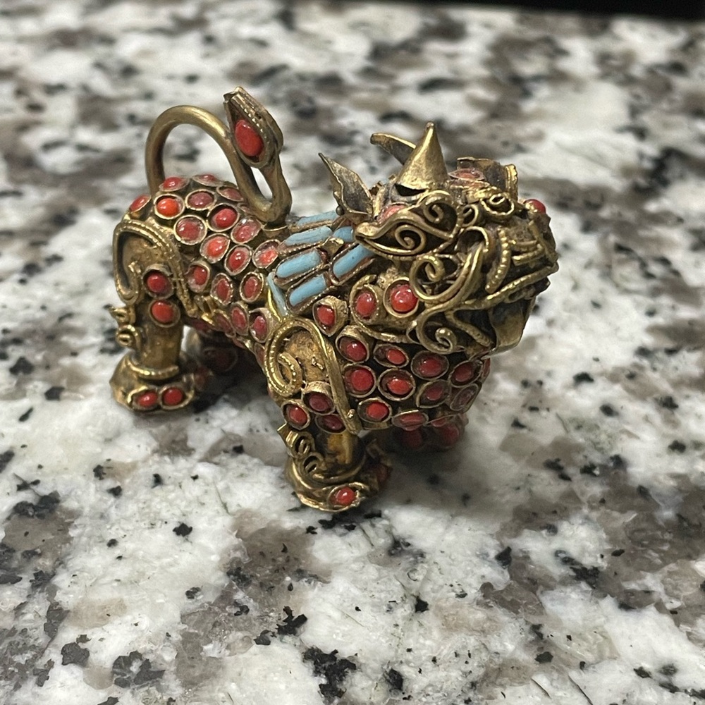 Antique Tibetan Turquoise Coral Filled Filigree Brass Foo Dog